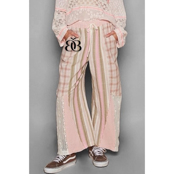 POL Pants - POL Pink & Cream Washed Cotton Plaid Striped Lace Leg Pants